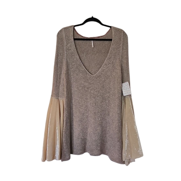 FREE PEOPLE Celestial Velvet Bell Sleeves Sweater Knit Tunic Top Size Small - Picture 11 of 13